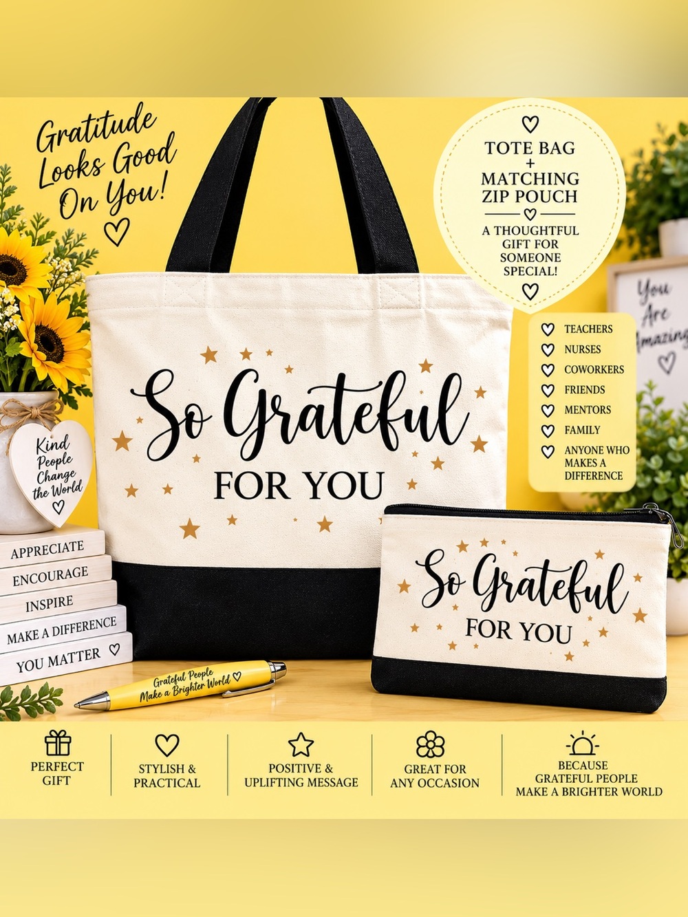 So Grateful For You Tote Bag & Zip Pouch – Black and Cream
